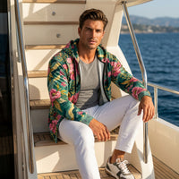 Nature-inspired floral camouflage zip hoodie with blooming pink flowers, lush green leaves, and artistic botanical print