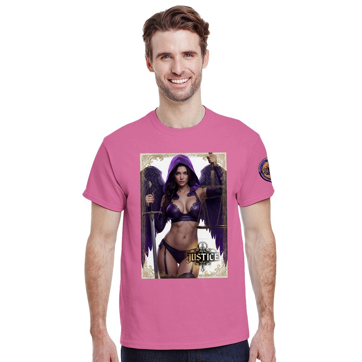 Justice Angel heavyweight unisex streetwear T-shirt featuring a powerful female winged angel holding a sword and balanced scales in a bold graphic design