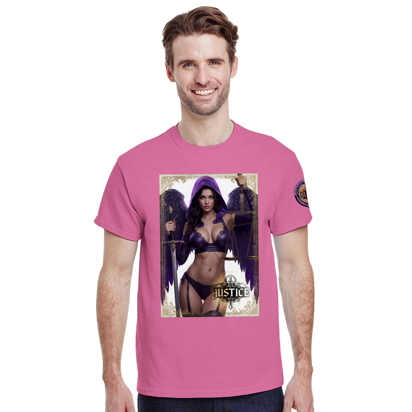 Justice Angel T-Shirt | Heavyweight unisex streetwear tee featuring sword and scales design. Bold statement piece.