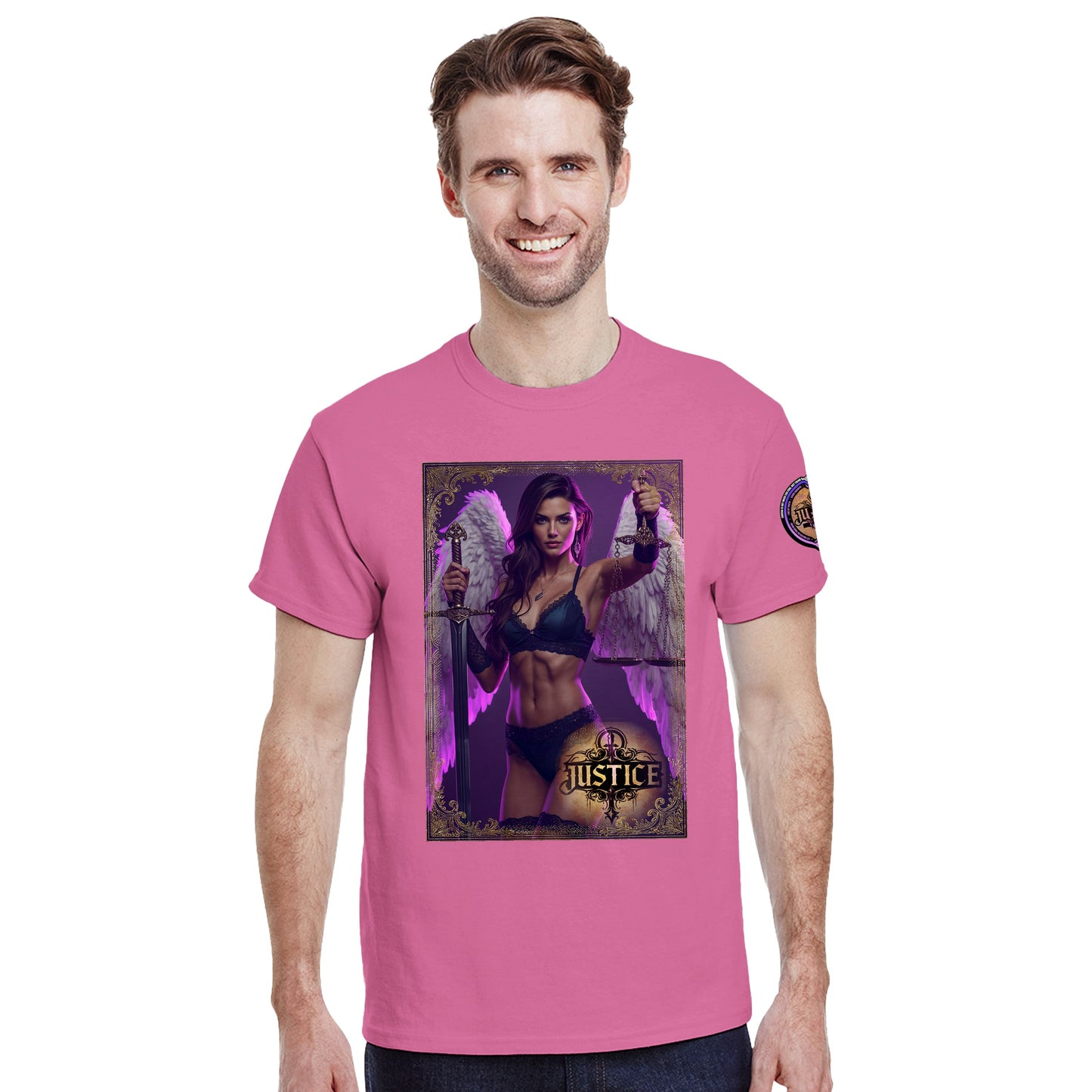 Justice Angel T-Shirt | Heavyweight unisex tee featuring ethereal angel wings cradling a sword and the scales of justice