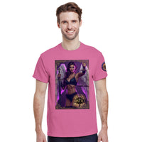 Justice Angel heavyweight unisex streetwear T-shirt featuring a powerful female winged angel holding a sword and balanced scales in a bold graphic design