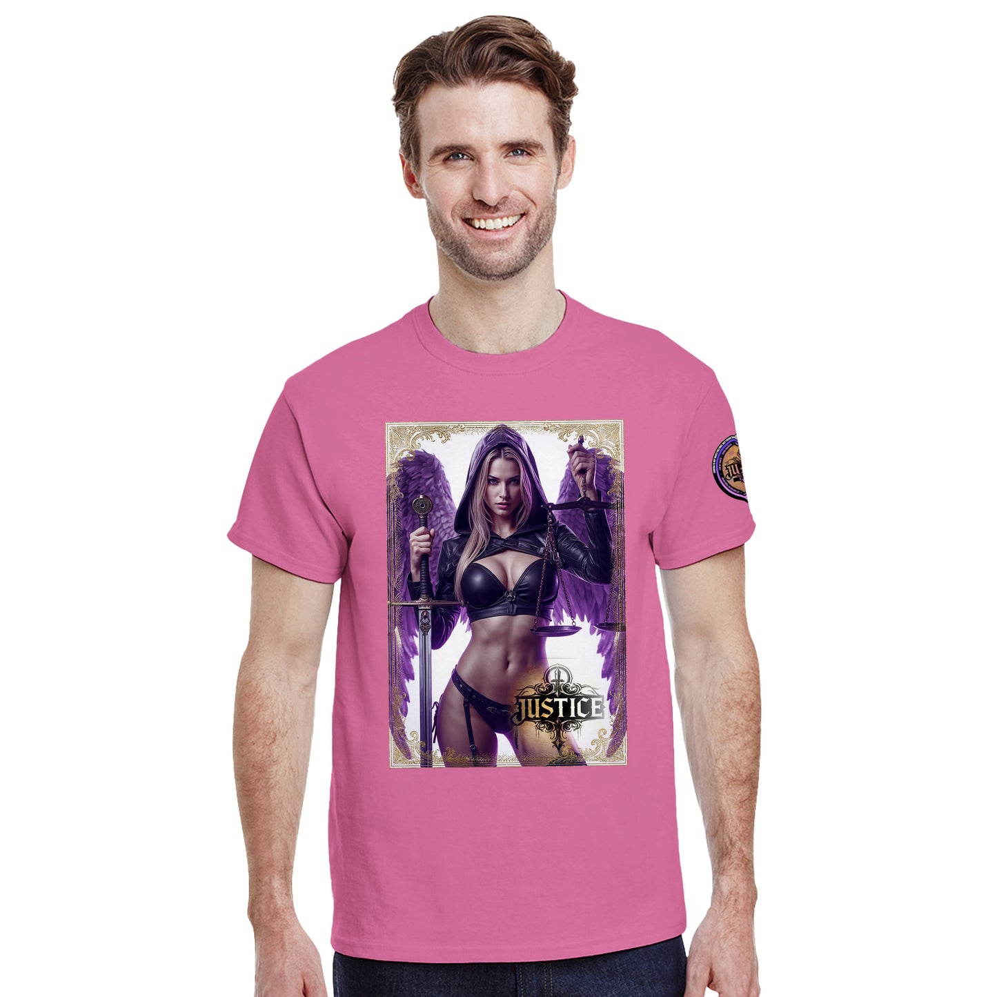 Justice Angel T-Shirt | Heavyweight unisex tee featuring ethereal angel wings cradling a sword and the scales of justice