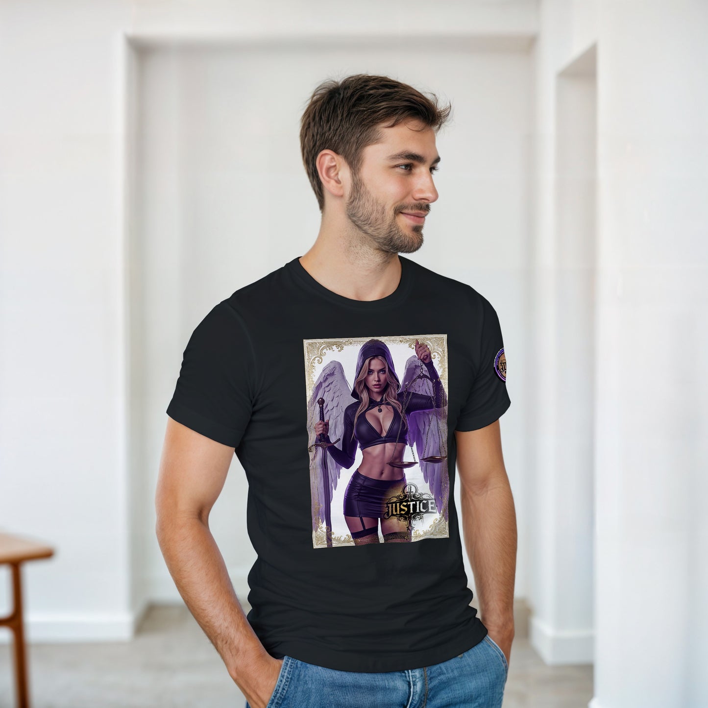 Justice Angel T-Shirt | Heavyweight unisex streetwear tee featuring sword and scales design. Bold statement piece.