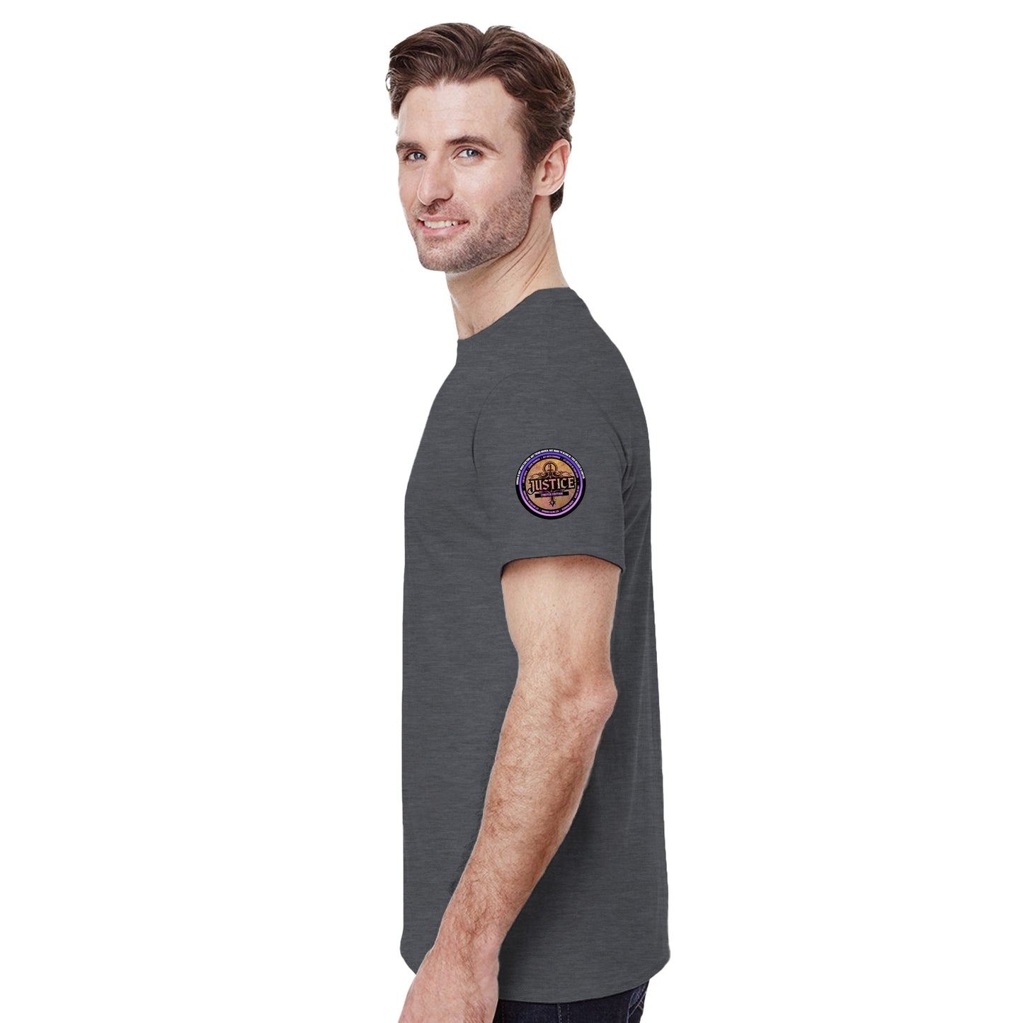 Justice Angel T-Shirt | Heavyweight unisex tee featuring ethereal angel wings cradling a sword and the scales of justice