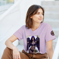 Justice Angel heavyweight unisex streetwear T-shirt featuring a powerful female winged angel holding a sword and balanced scales in a bold graphic design