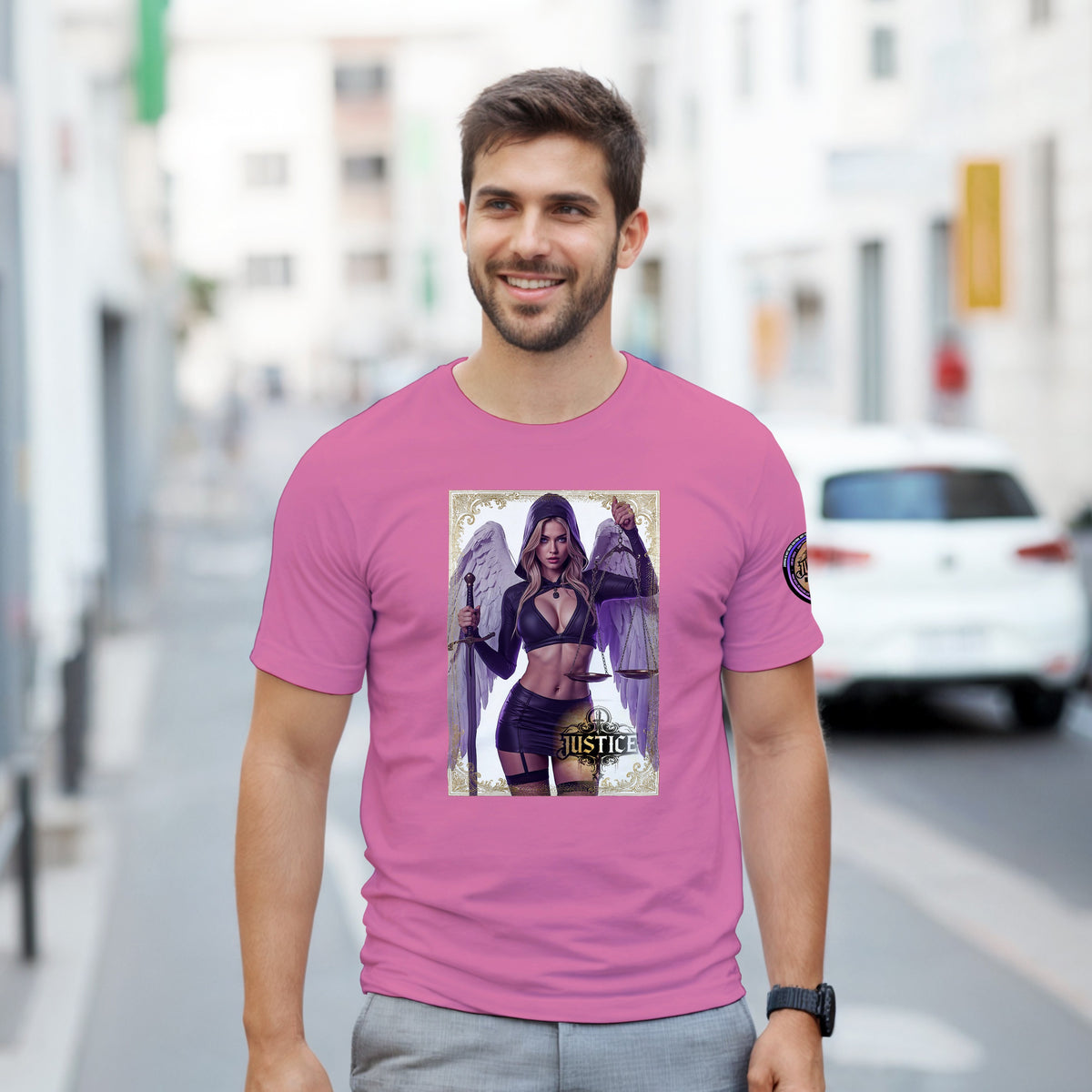 Justice Angel heavyweight unisex streetwear T-shirt featuring a powerful female winged angel holding a sword and balanced scales in a bold graphic design