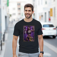 Justice Angel heavyweight unisex streetwear T-shirt featuring a powerful female winged angel holding a sword and balanced scales in a bold graphic design