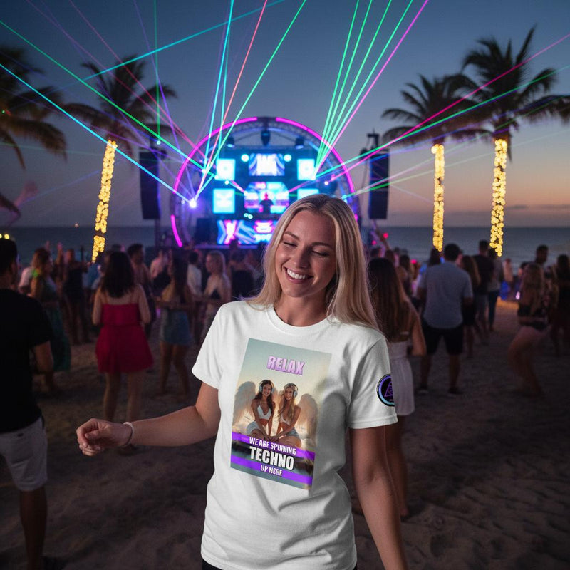 Heavenly Techno Angels unisex streetwear t-shirt featuring cloud DJ girls graphic with techno rave theme and “we are spinning techno up here” design