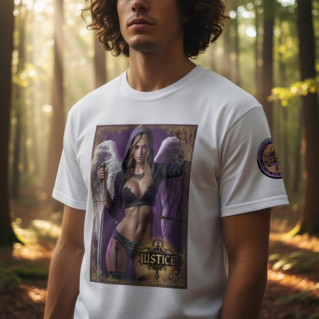 Justice Angel T-Shirt | Heavyweight unisex streetwear tee featuring sword and scales design. Bold statement piece.
