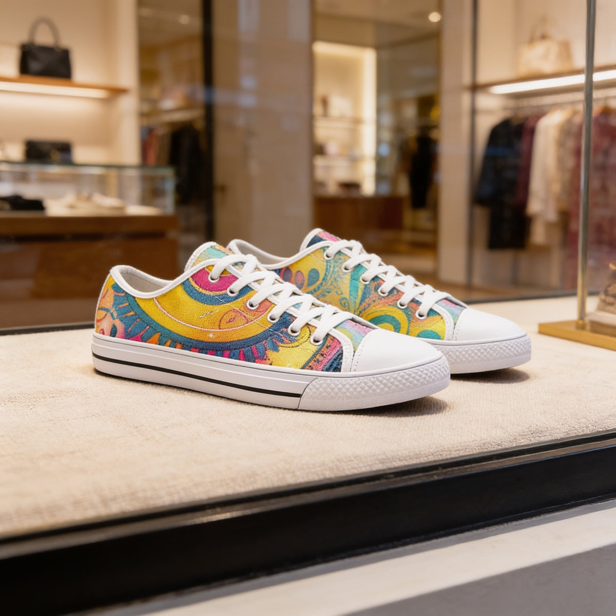 Low-top canvas shoes featuring a bold psychedelic abstract print in vibrant shades of blue, pink, purple, orange, and yellow. Modern designer sneakers with colorful swirling artwork, white laces, white rubber soles, and a contemporary streetwear aesthetic