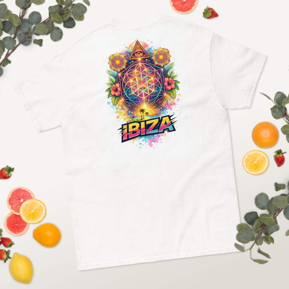 Vibrant Ibiza tee with colorful lizard & sacred geometry—tropical, mystical, festival-ready streetwear energy.