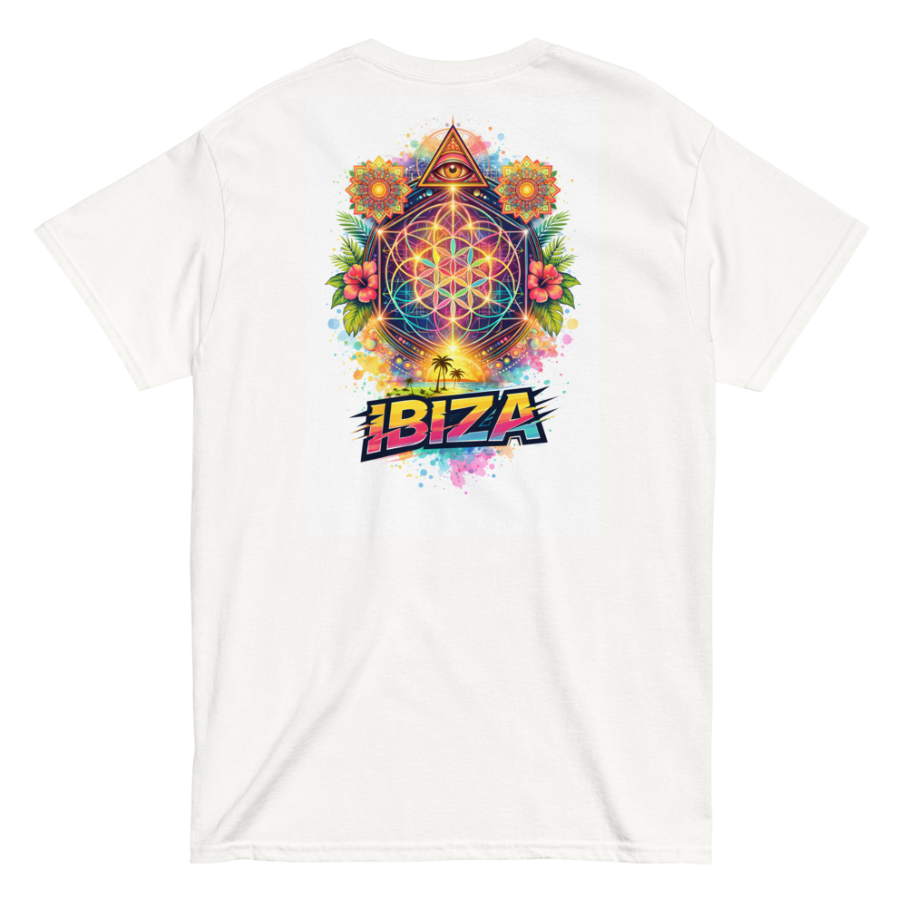 Vibrant Ibiza tee with colorful lizard & sacred geometry—tropical, mystical, festival-ready streetwear energy.