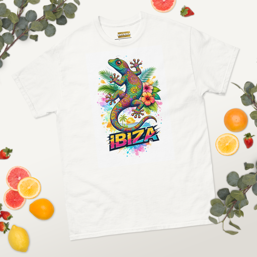 Vibrant Ibiza tee with colorful lizard & sacred geometry—tropical, mystical, festival-ready streetwear energy.