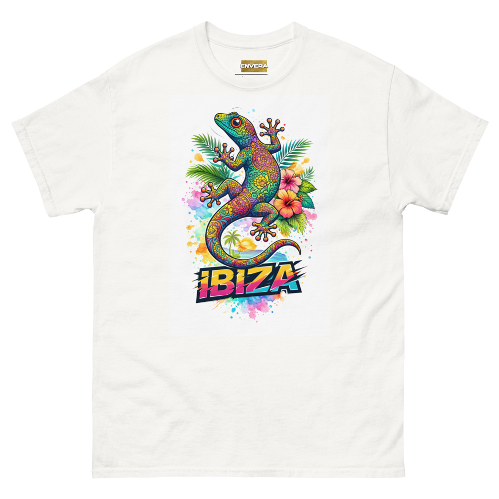 Vibrant Ibiza tee with colorful lizard & sacred geometry—tropical, mystical, festival-ready streetwear energy.