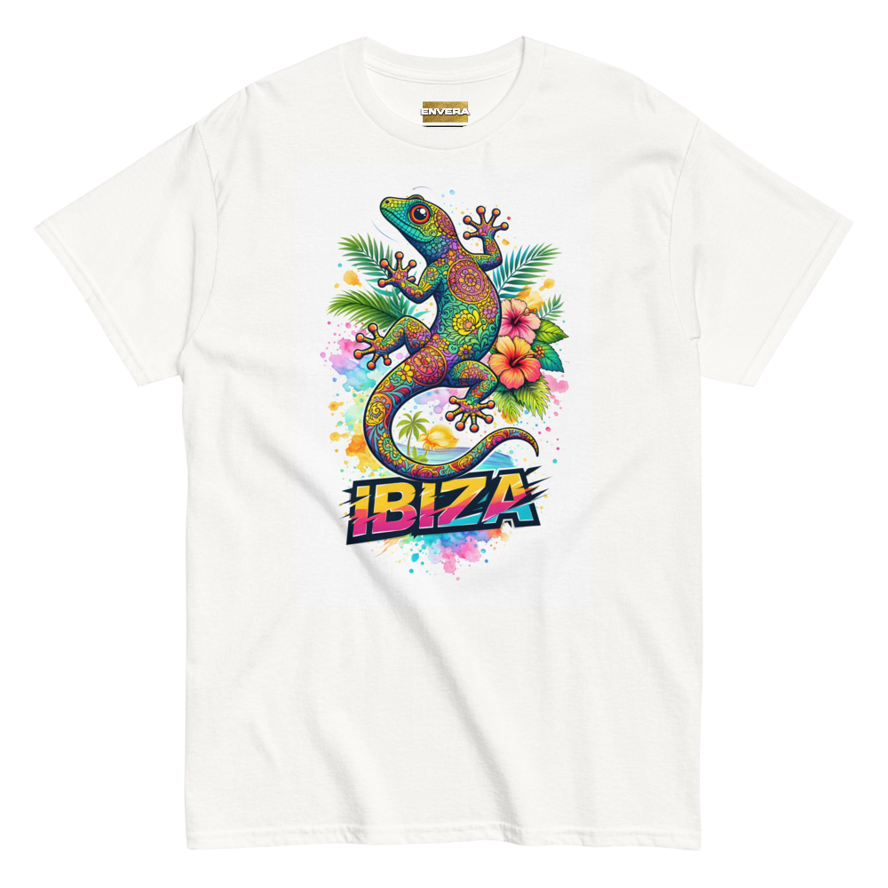 Vibrant Ibiza tee with colorful lizard & sacred geometry—tropical, mystical, festival-ready streetwear energy.