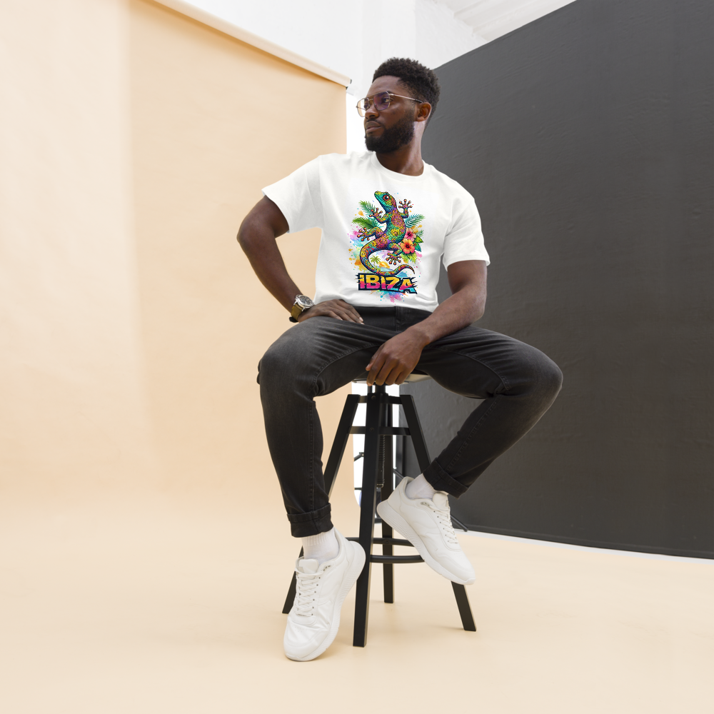 Vibrant Ibiza tee with colorful lizard & sacred geometry—tropical, mystical, festival-ready streetwear energy.