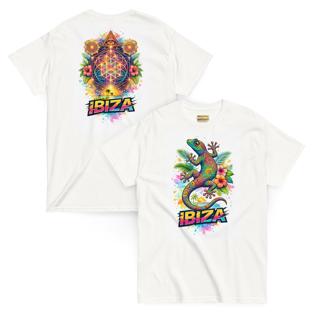 Vibrant Ibiza tee with colorful lizard & sacred geometry—tropical, mystical, festival-ready streetwear energy.