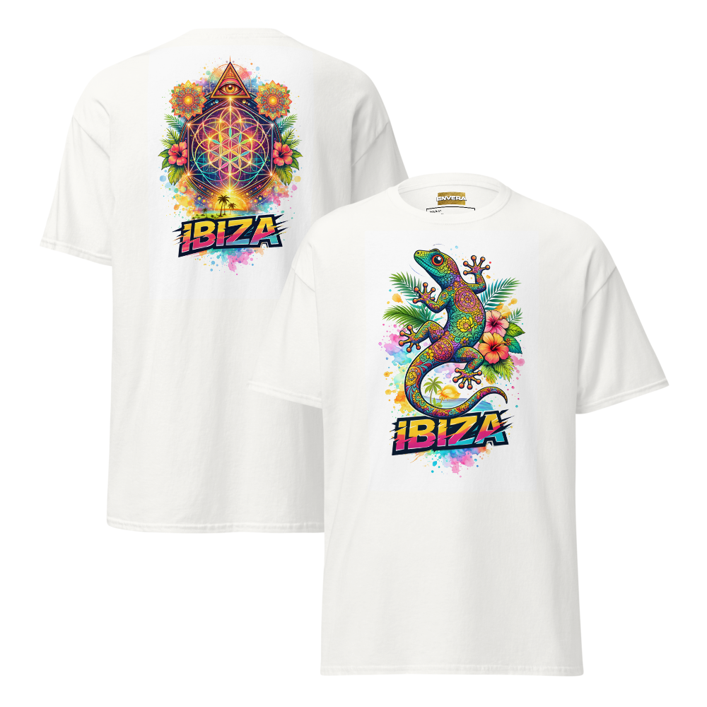 Vibrant Ibiza tee with colorful lizard & sacred geometry—tropical, mystical, festival-ready streetwear energy.